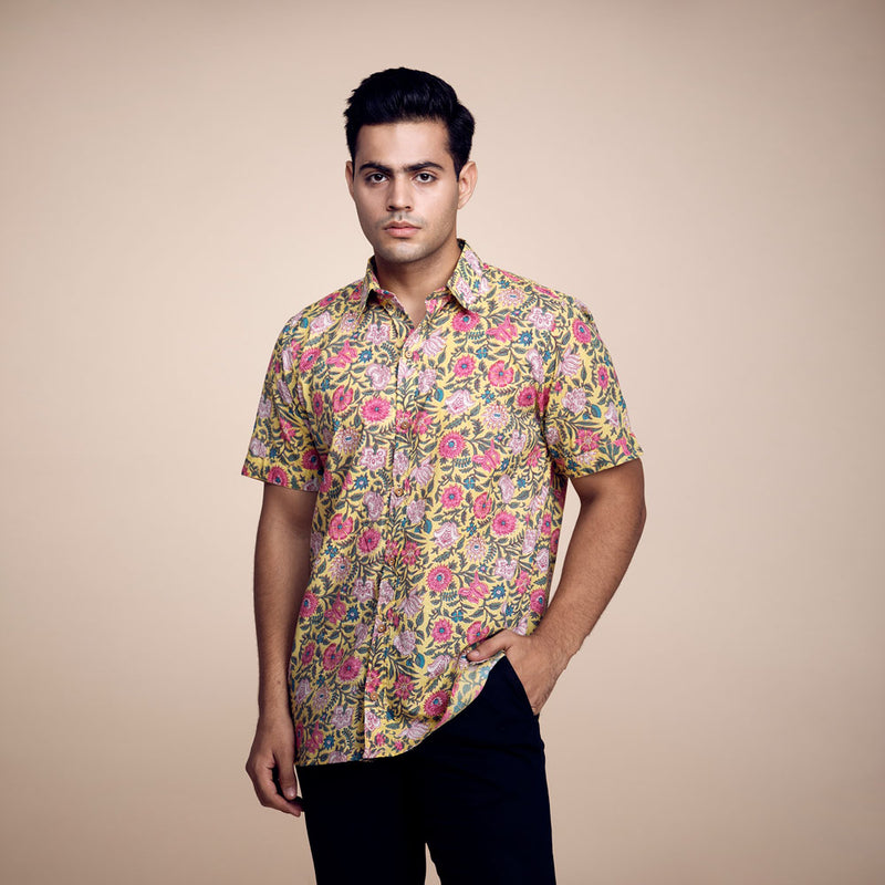 Sunny Bloom: Yellow Floral Cotton Printed Shirt